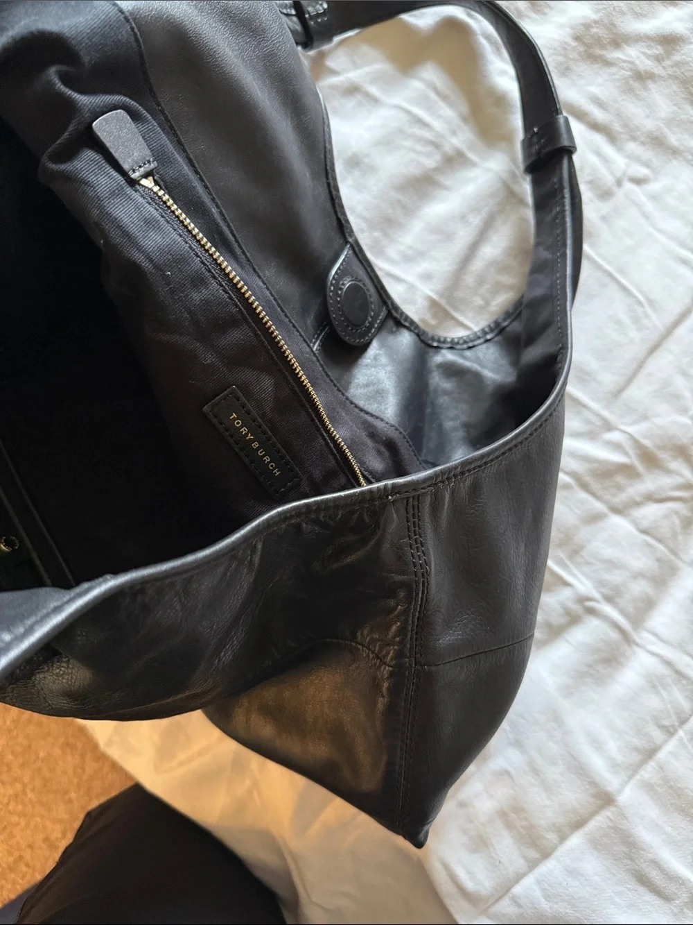 Tory Burch Black Leather Shoulder Tote with Gold Logo